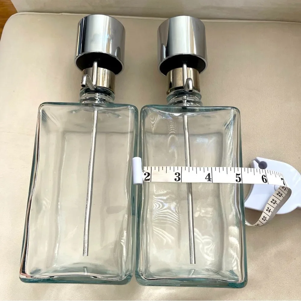 Crate & Barrel Barware Pump Top Liquor Decanters Set Of 2 Vodka & Bourbon